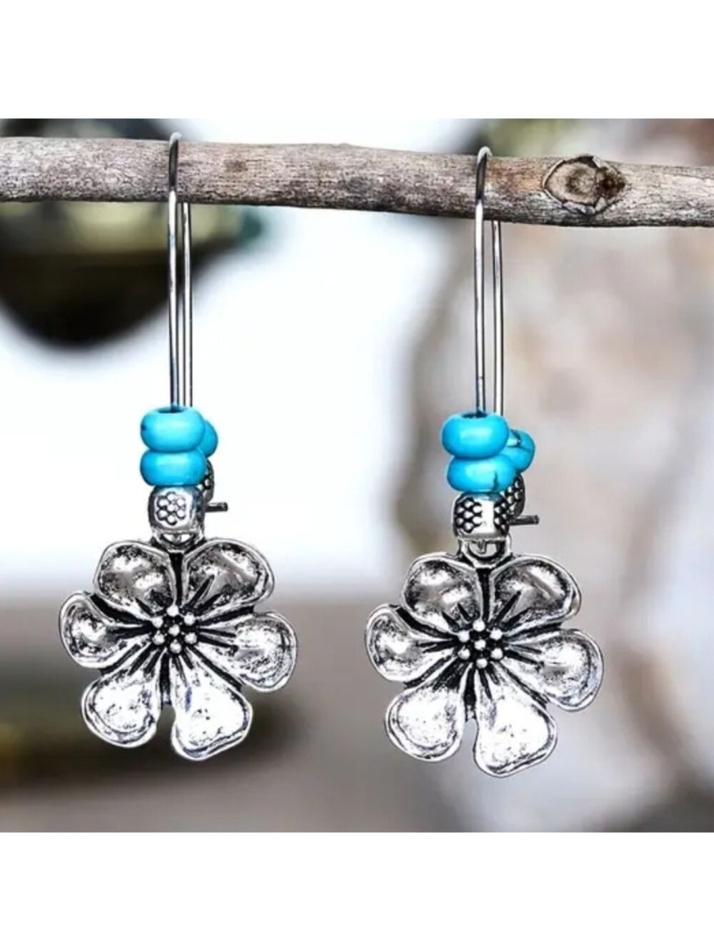 FLOWER EARRINGS SIMULATED TURQUOISE BEAD ACCENT ZINC ALLOY⚡️
